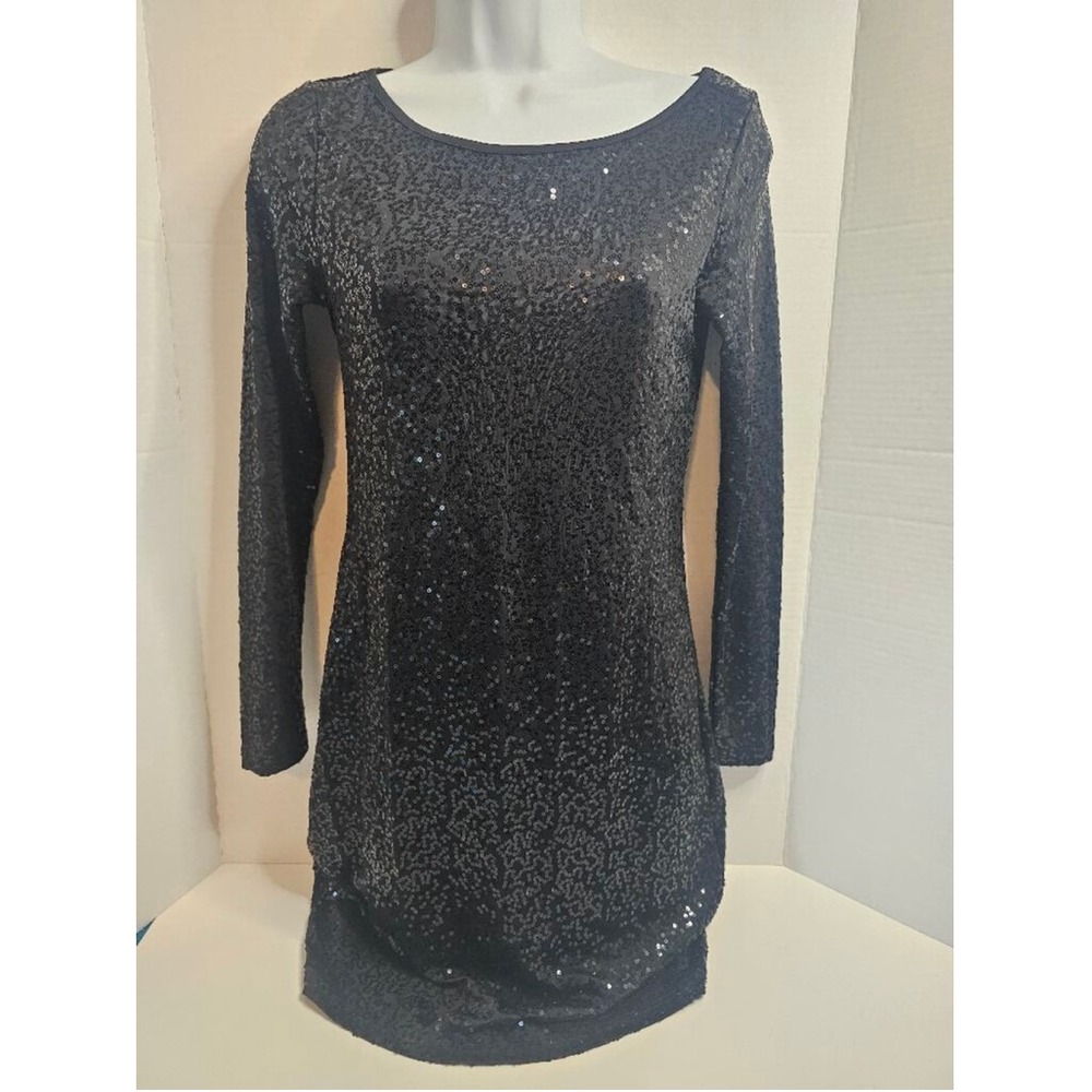 Kensie Full Sequin Cocktail Dress Stretch Long Sleeve Sz. XS Black LBD After 5‎